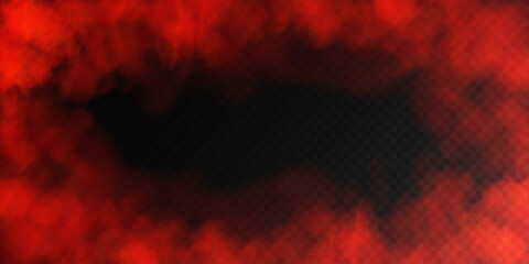 Red smoke, smog cloud on podium or stage, isolated transparent special effect. Vector illustration, fog vapor over ground or water surface, magic haze.
