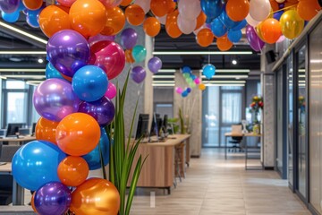 A modern office is decorated with colorful balloons for a corporate event. Generative AI
