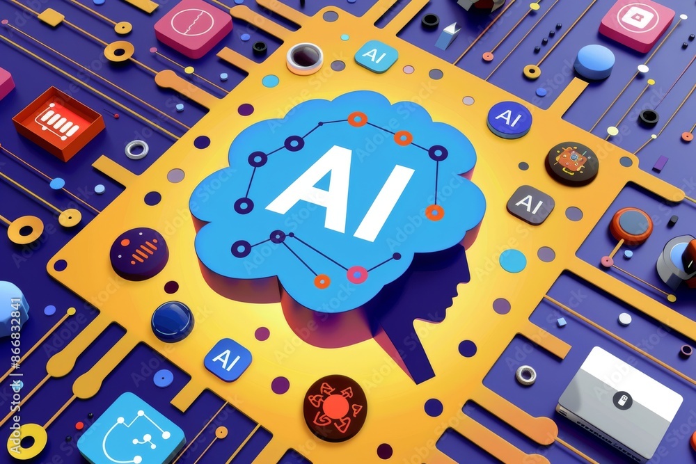 Poster abstract ai circuit board with colorful components and high tech design in illustration
