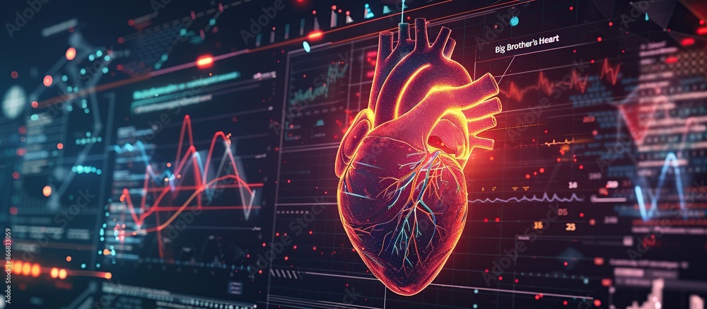 Poster 3d rendering of a glowing digital human heart, with data and information charts.