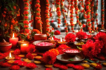 Naklejka premium Diwali decorations with floral garlands with red fllower.