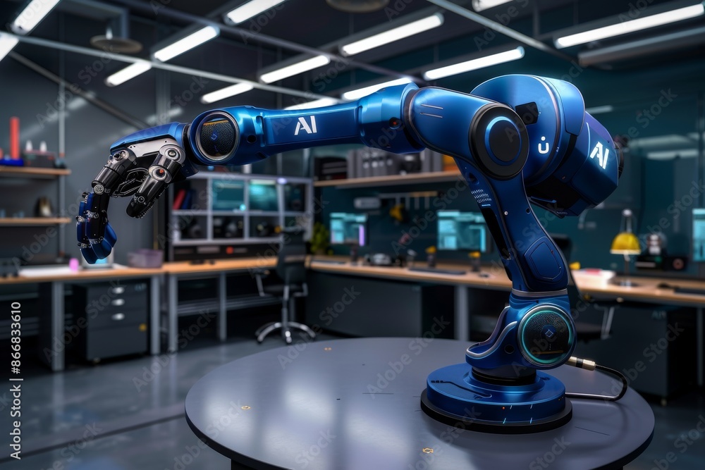 Poster robotic arm with ai interface operating in high tech manufacturing environment