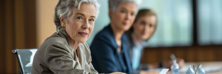 In an office setting, a group of senior colleagues enjoy lively discussions and camaraderie.