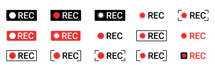 Set Of Recording sign icon. Red logo camera video recording symbol, rec icon