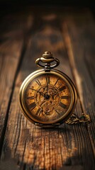 Antique pocket watch on wooden surface, close-up shot. Vintage timepiece concept