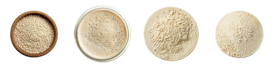 Active Dry Yeast Granules in Bowl, Glass Jar, and Plates Isolated on White Background, Png File