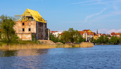 Panoramic view of Elk town with Teutonic Order Castle ruins at Jezioro Elckie Lake in Mazuria lakeland region of Poland