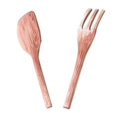 Set of wooden spatulas in watercolor illustration on a white background. Hand drawn illustration for invitations, cards, cooking classes, cookbooks, interior decoration