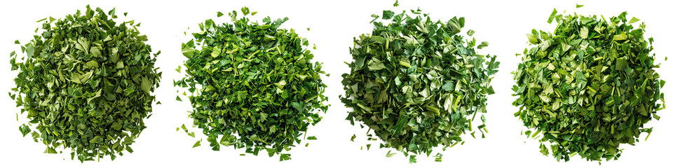 Obraz premium Four Piles of Chopped Parsley Isolated on White Background, Png File
