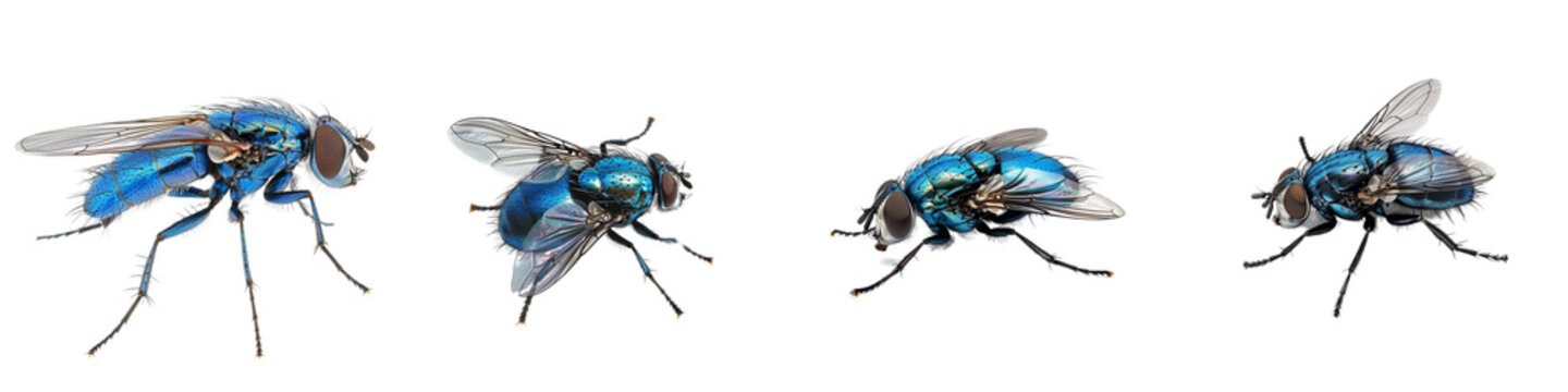 Blue Bottle Fly in Four Poses Isolated on White Background, Png File