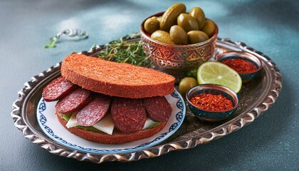 Sucuk sandwich with traditional spices and side dishes