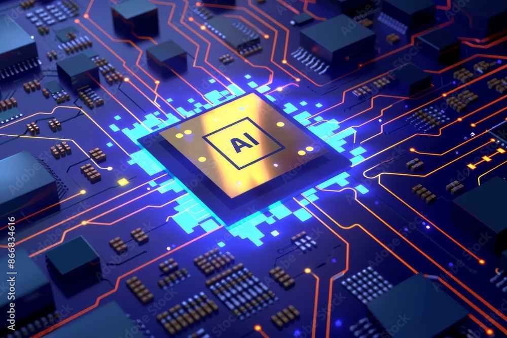 Poster digital circuit board with glowing ai symbol and high tech design