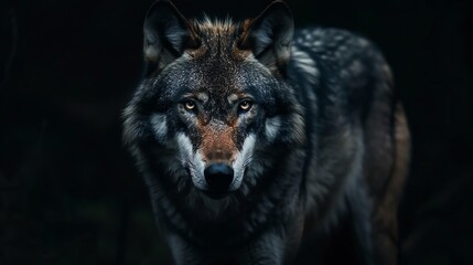 Obraz premium Close-up of a wolf's piercing gaze in the dark.