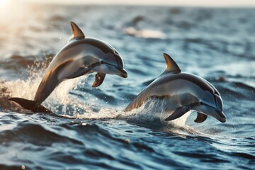 Two dolphins energetically breach the surface of the ocean, creating dynamic splashes as they enjoy their playtime against a backdrop of deep blue waters and sunlight.