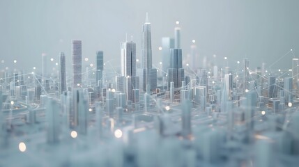 Modern city skyline with smart infrastructure and interconnected buildings displayed on a minimalist white background, emphasizing the role of technology in shaping urban environments, in realistic