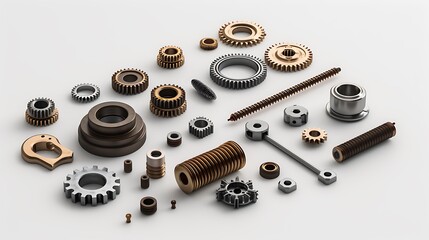 Fototapeta premium Precision-engineered gears and mechanical components arranged artistically on a white background, symbolizing the intricacies of technology and innovation, presented in realistic
