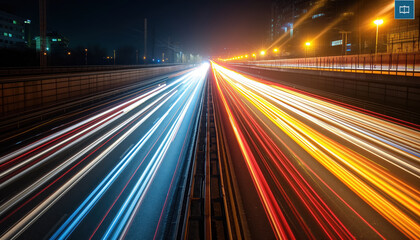 Cityscape Night with Light Trails of Cars on Highway