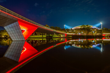 Long Exposure of the River Torrens, beautiful place to walk, where can be found the Pedestrian Bridge and the Adelaide Oval, Australia