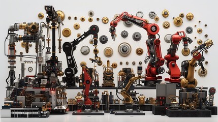 Precision-engineered robotic arms and automation technology arranged in an artistic display on a clean white background, showcasing the role of technology in manufacturing, in stunning