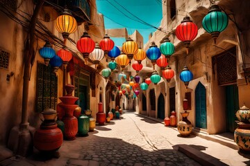 Colorful lanterns adorning Middle Eastern street for Ramadan beautifull nature.