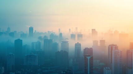 Fototapeta premium Fog covers urban buildings creating a mysterious atmosphere.