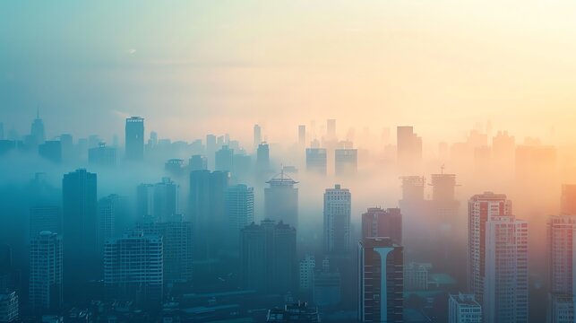 Fog covers urban buildings creating a mysterious atmosphere.