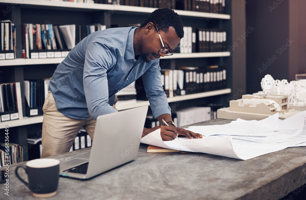 Poster Architecture, blueprint and black man with laptop in office for property development, project or review. Contractor, paper and person with technology at work for floor plan, research or brainstorming