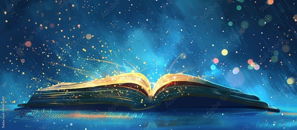 Aufkleber magical book with glowing pages and floating symbols.