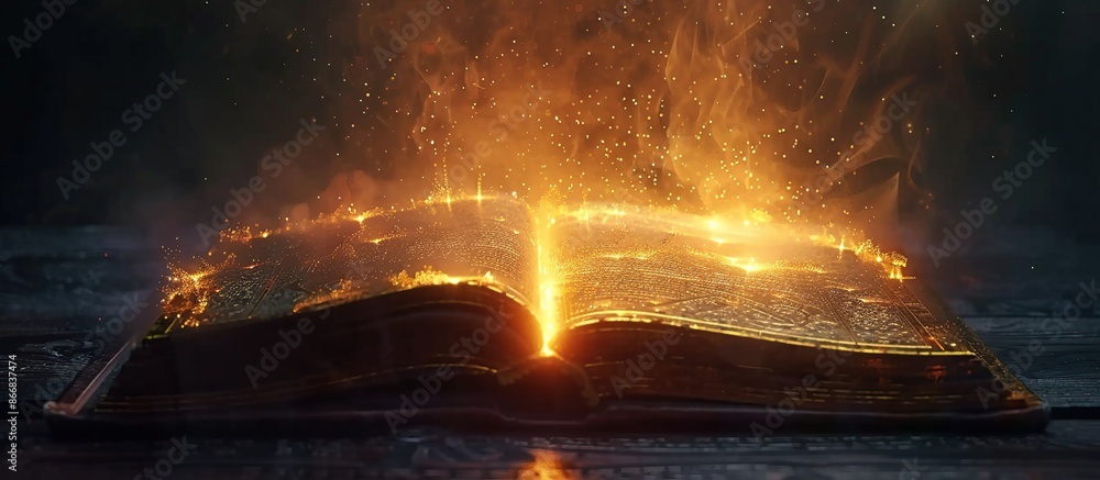 Poster magical book with open pages and abstract lights glowing in the dark. literature and fairy tale conc