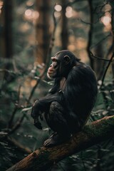 A chimpanzee sits on a tree branch, its gaze fixed on something in the distance, lost in thought amidst the dense green foliage of a rainforest