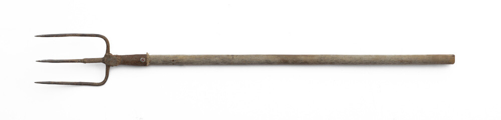 old pitchfork for hay isolated on white background