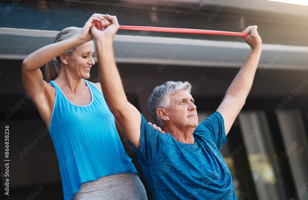 Sticker Fitness, resistance band and stretching with senior couple in home together for strength training. Exercise, physical or workout help with elderly man and woman in apartment for retirement health