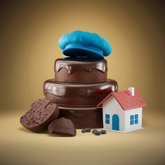 A stack of chocolate cookies and a house with a blue chef hat on top.