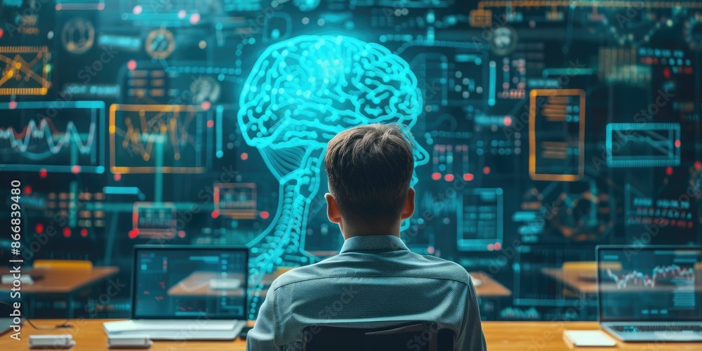 Poster skilled teacher teaching ai to diverse elementary student at digital classroom. smart multicultural 