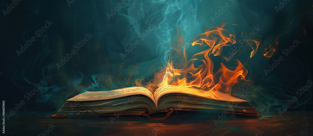 Poster The open book lies on the table and burns, dark background.
