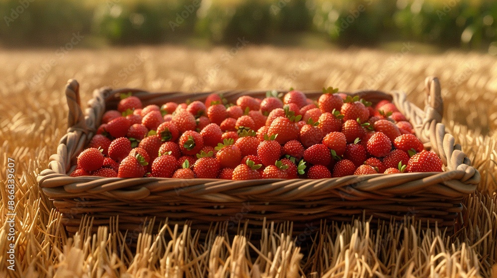 Wall mural   A basketful of ripe strawberries basks under the warm sun in a field of lush strawberry plants - Wall murals