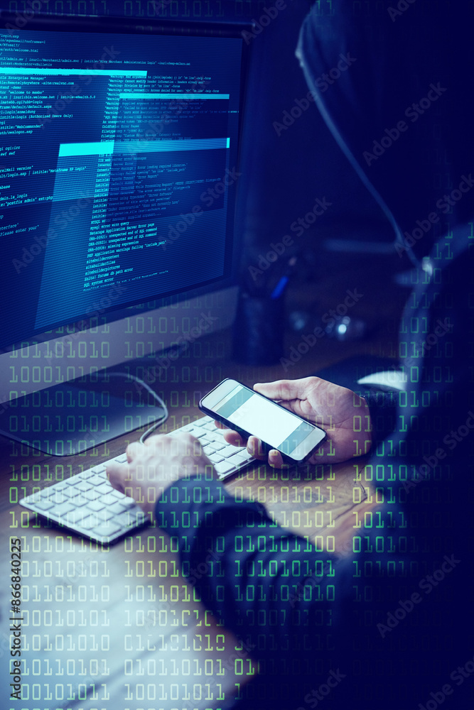 Poster Computer, overlay and hacker at night with phone for programming, coding and information technology. Cybersecurity, software and person download malware for financial data, online fraud and phishing