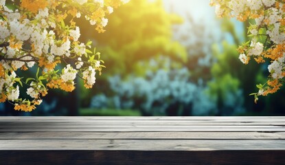 Empty table on summer blurred background. Mockup for presentation, product branding, cosmetics, food or decoration.