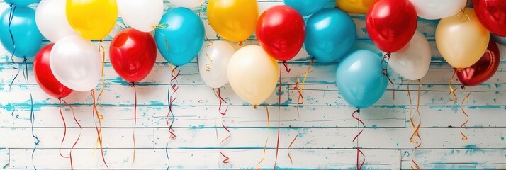 A row of colorful balloons decorates an office space for a celebratory event. Generative AI