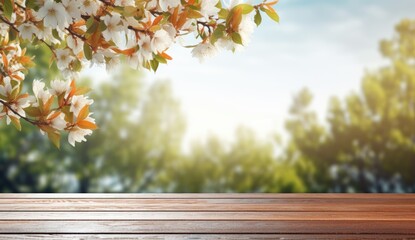 Empty table on summer blurred background. Mockup for presentation, product branding, cosmetics, food or decoration.