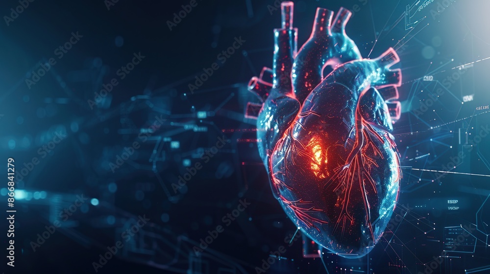 Poster 3d rendering of a glowing digital human heart, with data and information charts.