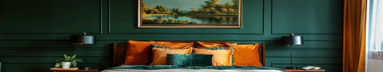 Green Bedroom With Vintage Wood Bed Frame