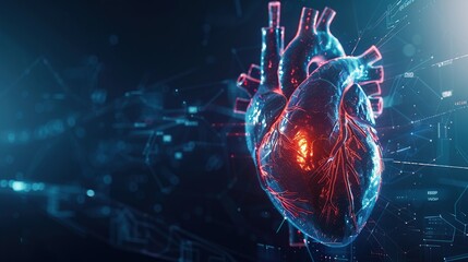 3d rendering of a glowing digital human heart, with data and information charts.