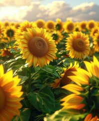 Fototapeta premium Sunlit Sunflower Field at Sunset