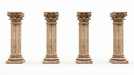 Antique columns and statues displayed on white background for product presentation