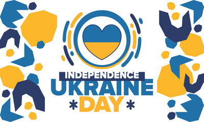 Independence Day in Ukraine. National happy holiday, celebrated annual in August 24. Ukrainian flag. Blue and yellow. Patriotic elements. Poster, card, banner and background. Vector illustration