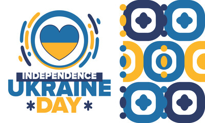 Fototapeta premium Independence Day in Ukraine. National happy holiday, celebrated annual in August 24. Ukrainian flag. Blue and yellow. Patriotic elements. Poster, card, banner and background. Vector illustration