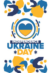 Independence Day in Ukraine. National happy holiday, celebrated annual in August 24. Ukrainian flag. Blue and yellow. Patriotic elements. Poster, card, banner and background. Vector illustration