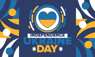 Independence Day in Ukraine. National happy holiday, celebrated annual in August 24. Ukrainian flag. Blue and yellow. Patriotic elements. Poster, card, banner and background. Vector illustration