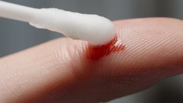 Cotton swab treating a wound on a finger. Blood soaked in hydrogen peroxide bubbles up. Macro.